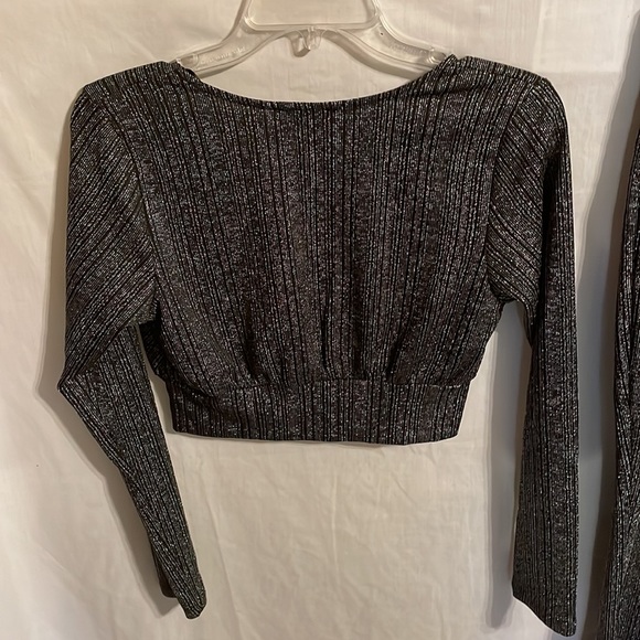 Paperoc Women’s Gray Silver Thread Dress Pants Midrift Blouse Size Large - Picture 7 of 16